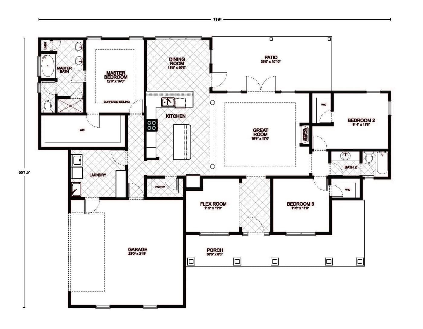 Bronson custom home floor plan - 3 Bed / 2 Bath / 2,100 Sq Ft