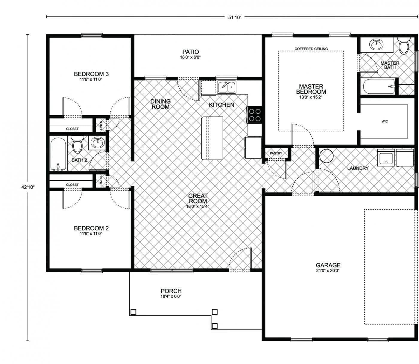 Driscoll custom home floor plan - 3 Bed / 2 Bath / 1,383 Sq Ft