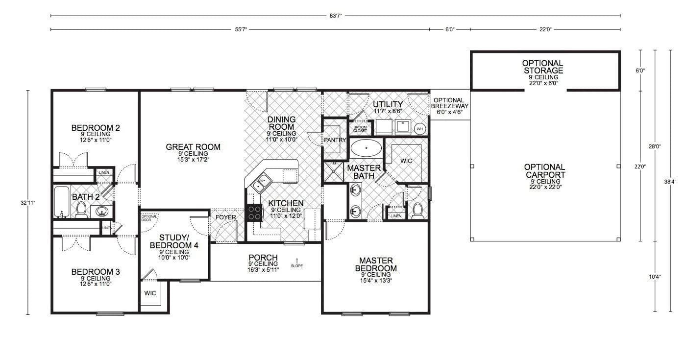 Durango Classic custom home floor plan - 4 Bed / 2 Bath / 1,632 Sq Ft