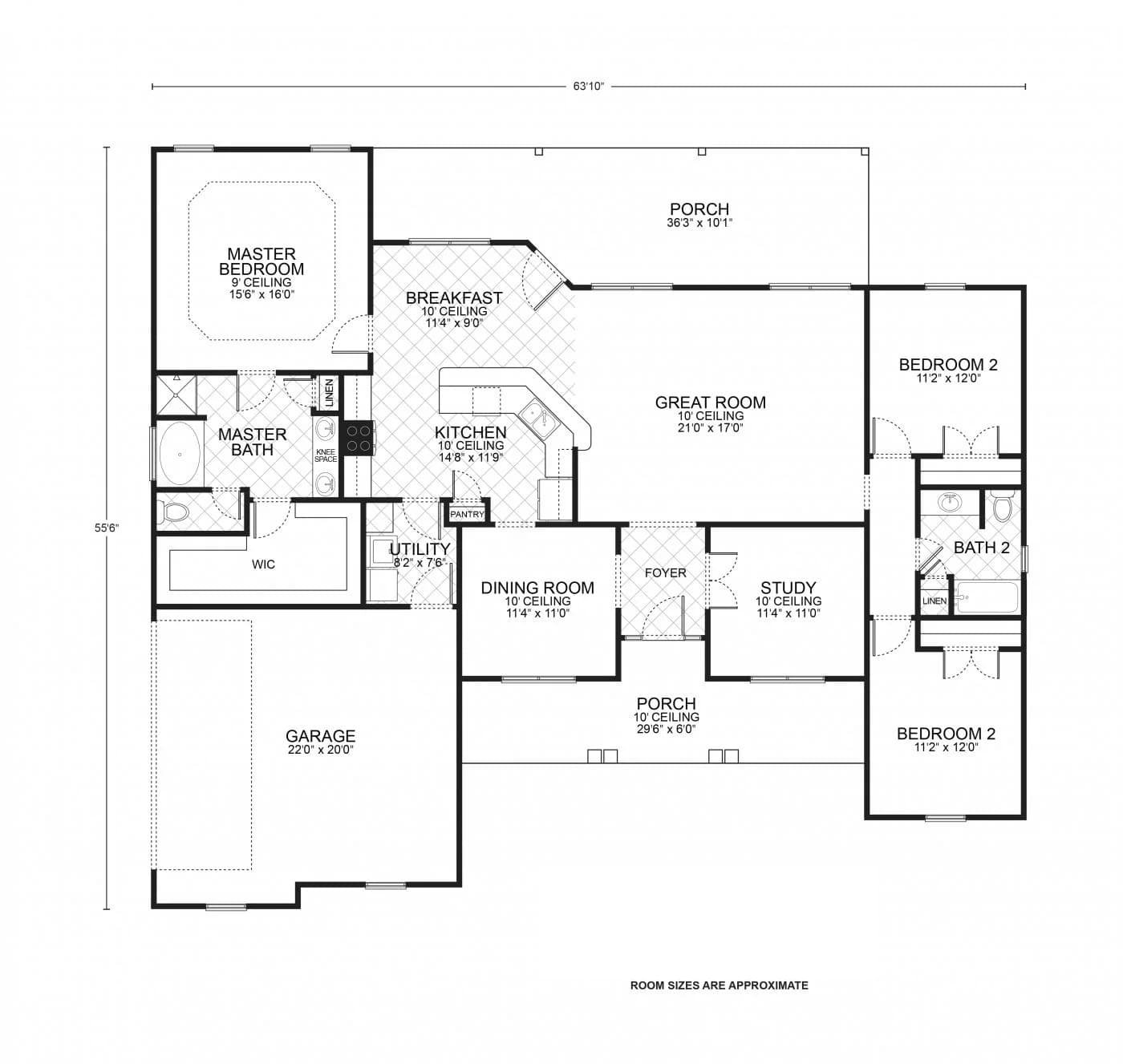 Hillsboro B custom home floor plan - 3 Bed / 2 Bath / 2,032 Sq Ft